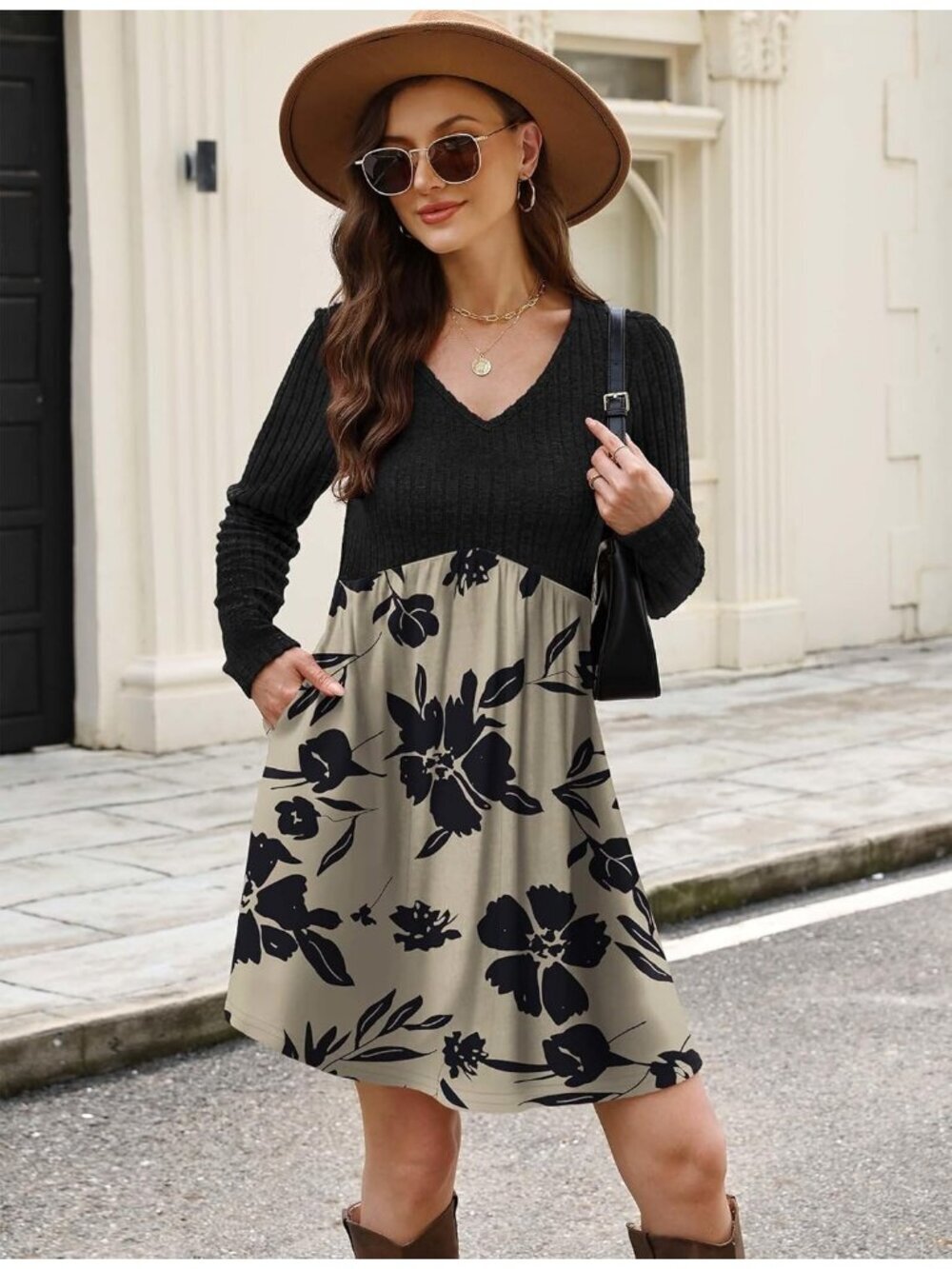 Women's Black Floral Neck Empire Waist Baby Doll Long Casual Pocket Mini Dress - Picture 3 of 5